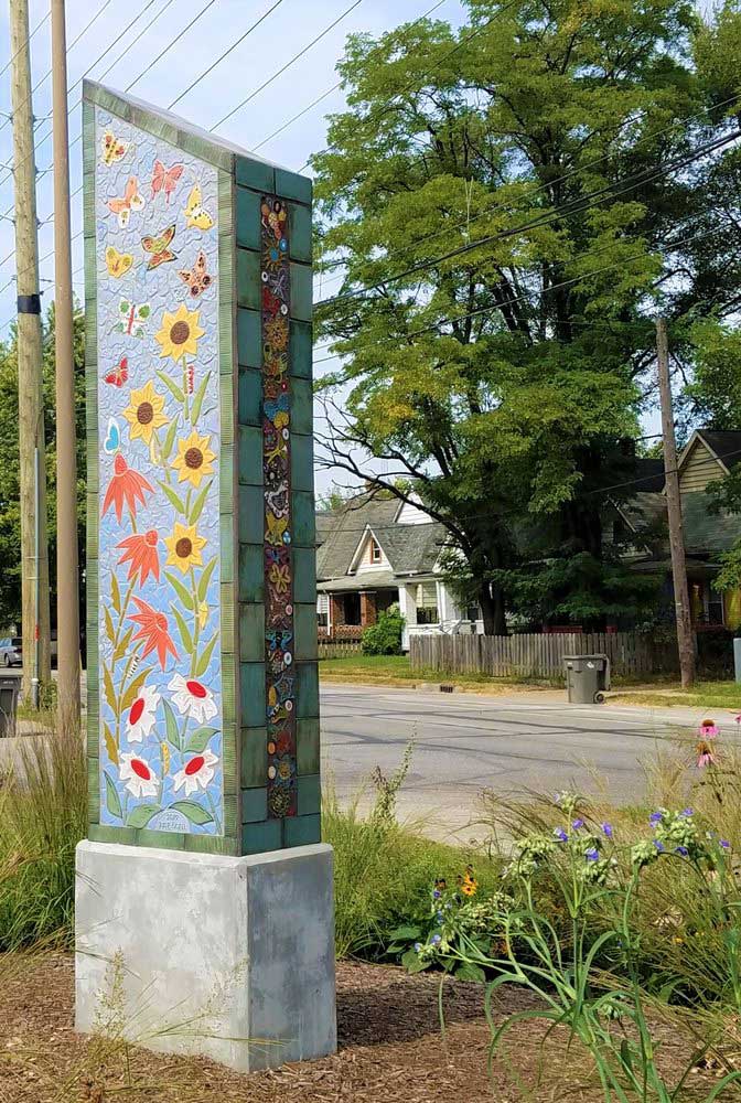 A tile mosaic column in Indy's Prospect Falls neighborhood
